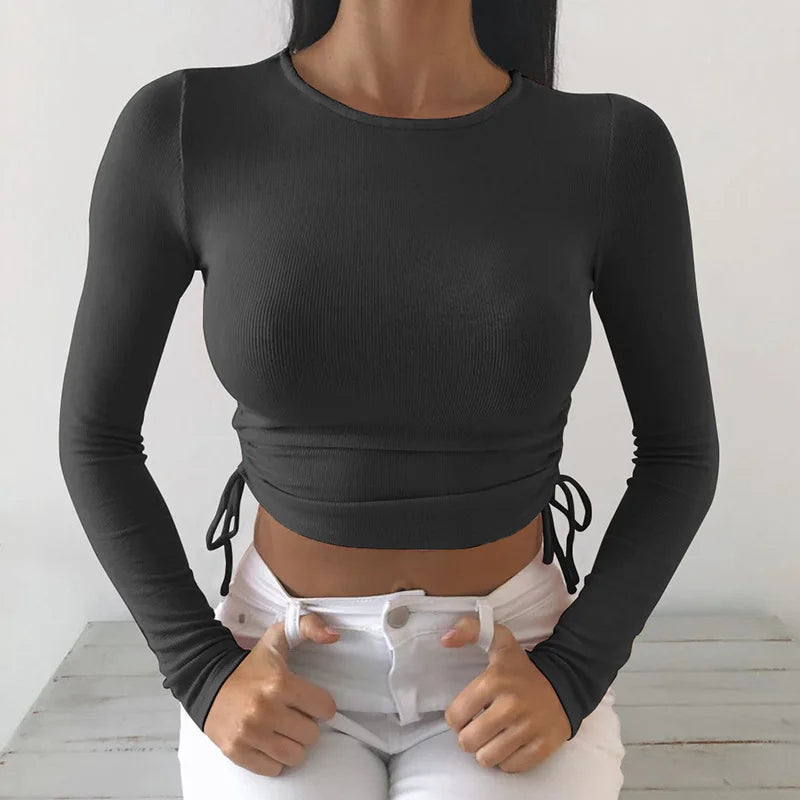Sexy O-Neck Long Sleeve Bodycon Cropped Tops