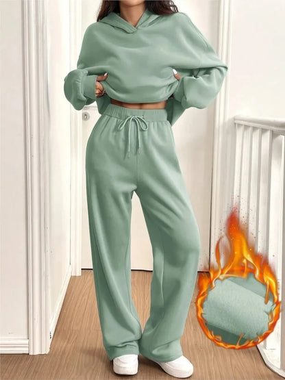 Casual Hoodie Sport Fleece Trousers Women's 2-piece Set