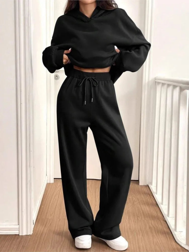 Casual Hoodie Sport Fleece Trousers Women's 2-piece Set