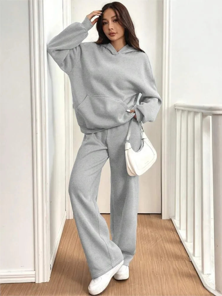Casual Hoodie Sport Fleece Trousers Women's 2-piece Set